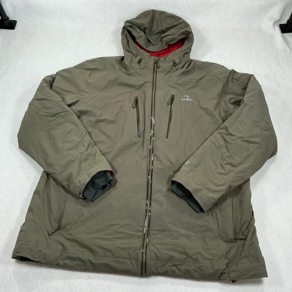 LL Bean Mens TEK2.5 Insulated Hooded Jacket Olive Green Red Lining XXL REG
